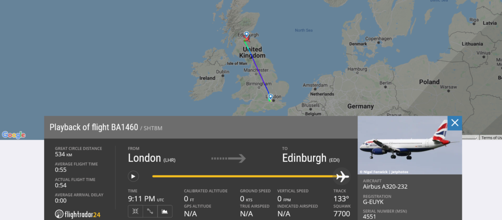 British Airways flight BA1460 from London to Edinburgh declared an emergency due to medical emergency