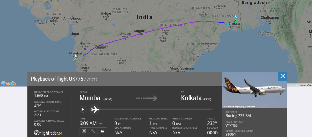 Vistara flight UK775 from Mumbai to Kolkata encountered turbulence