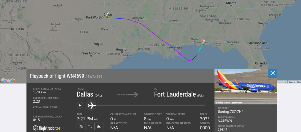 Southwest Airlines flight WN4699 from Dallas to Fort Lauderdale diverted to Pensacola due to unruly passenger