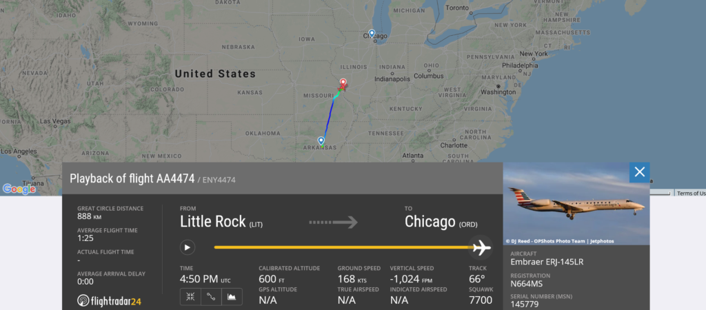 American Airlines flight AA4474 from Little Rock to Chicago declared an emergency and diverted to St. Louis due to possible mechanical issue