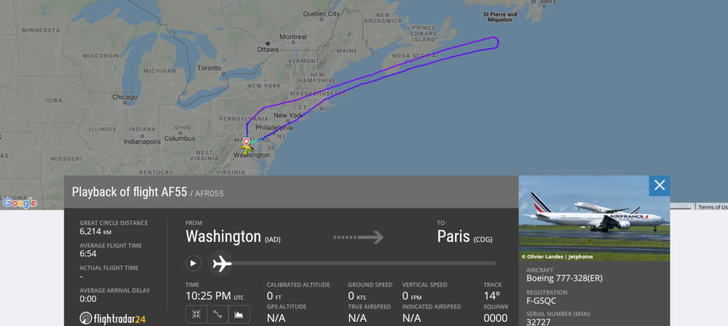 Air France flight AF55 from Washington to Paris returned to Washington due to medical emergency