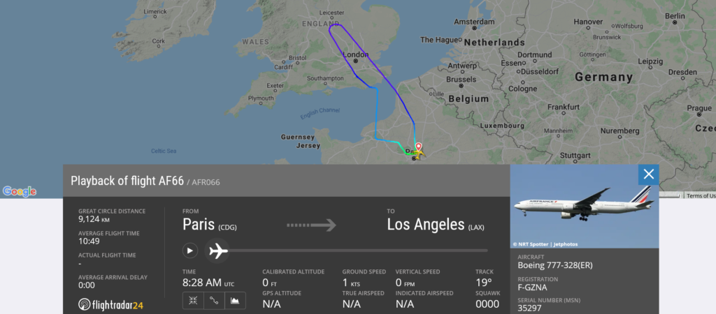 Air France flight AF66 from Paris to Los Angeles declared an emergency and returned to Paris