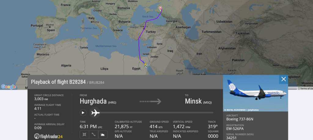 Belavia flight B28284 from Hurghada to Minsk diverted to Krasnodar due to technical issue