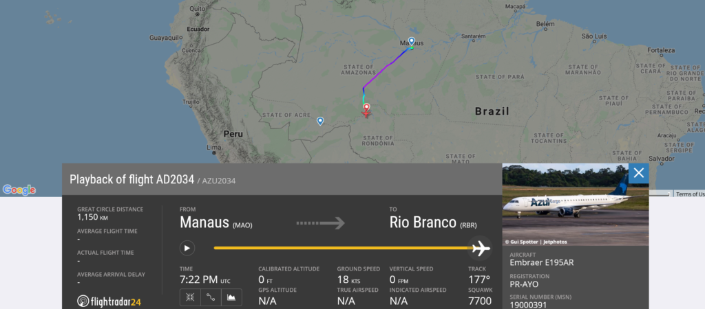 Azul Linhas Aereas flight AD2034 from Manaus to Rio Branco declared an emergency and diverted to Porto Velho due to odor on board