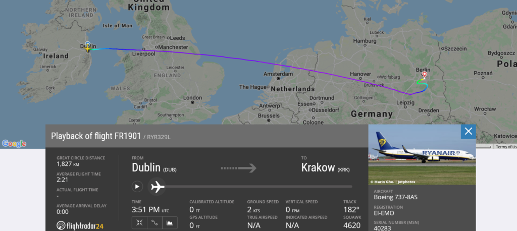 Ryanair flight FR1901 from Dublin to Krakow diverted to Berlin due to potential security threat