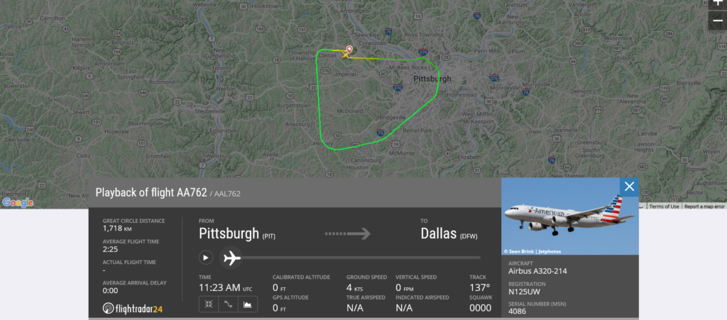 American Airlines flight AA762 from Pittsburgh to Dallas returned to Pittsburgh due to bleed air system issue
