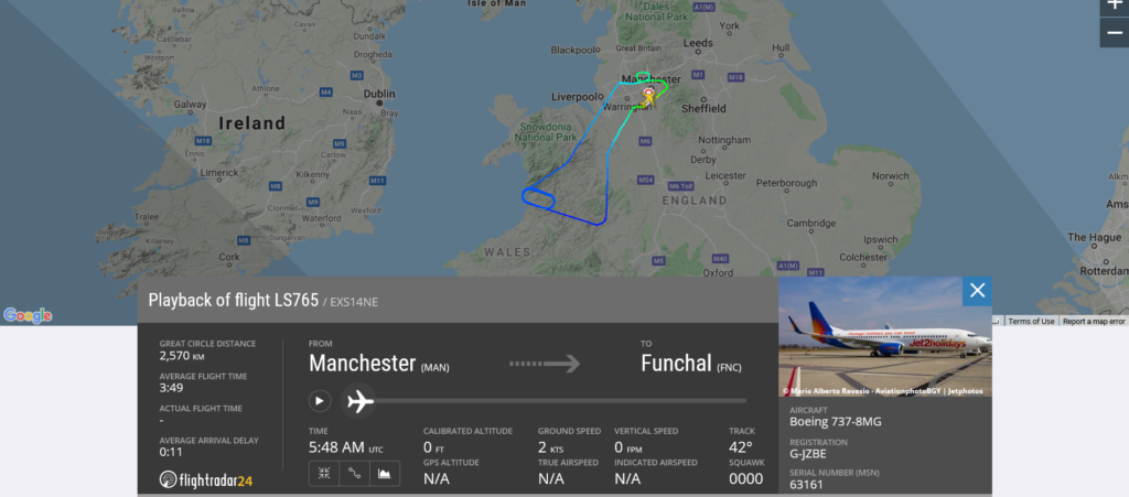 Jet2 flight LS765 from Manchester to Funchal returned to Manchester due to technical issue