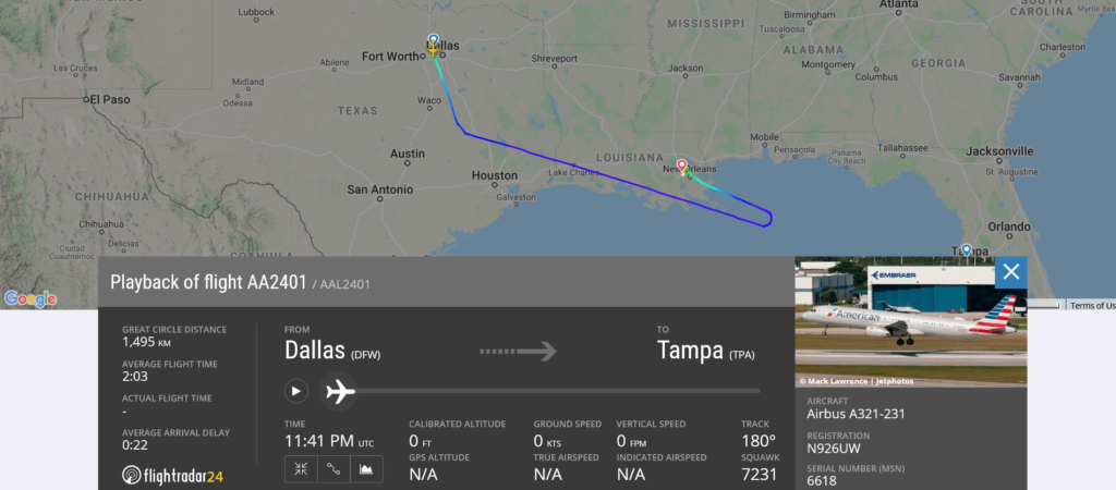 American Airlines flight AA2401 from Dallas to Tampa diverted to New Orleans after turbulence encountered