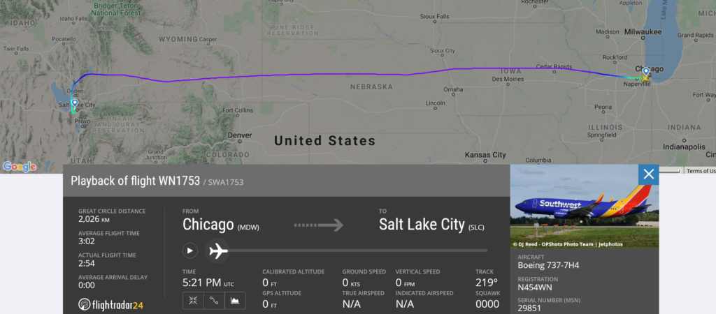 Southwest Airlines flight WN1753 from Chicago to Salt Lake City encountered turbulence