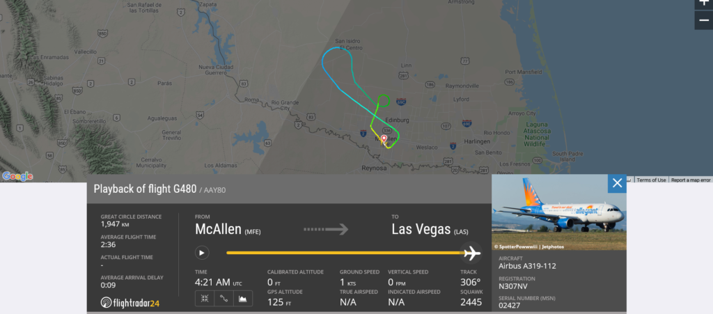 Allegiant Air flight G480 returned to McAllen due to bird strike