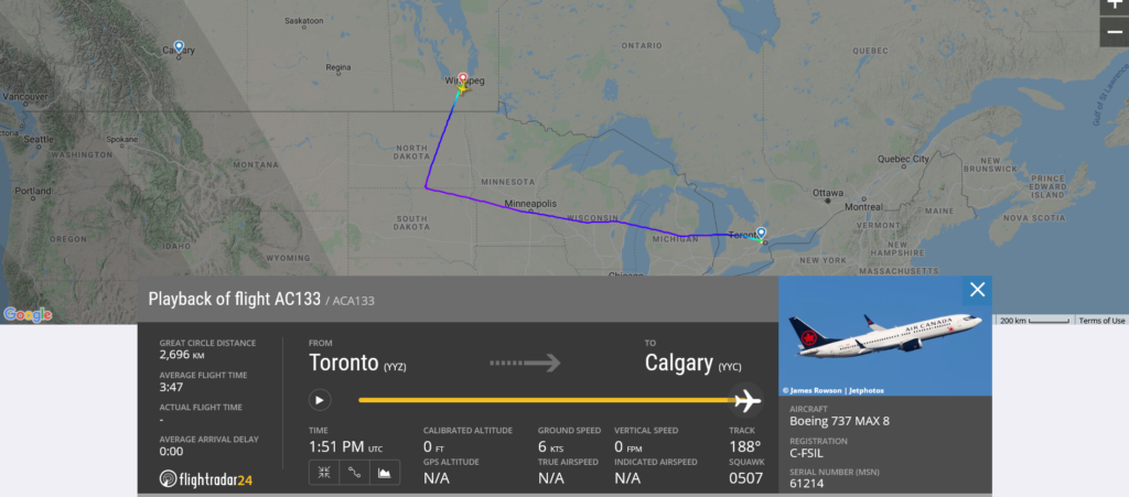 Air Canada flight AC133 diverted to Winnipeg due to possible engine issue