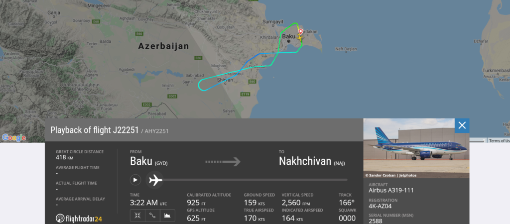 Azerbaijan Airlines flight J22251 from Baku to Nakhchivan returned to Baku due to pressurisation issue