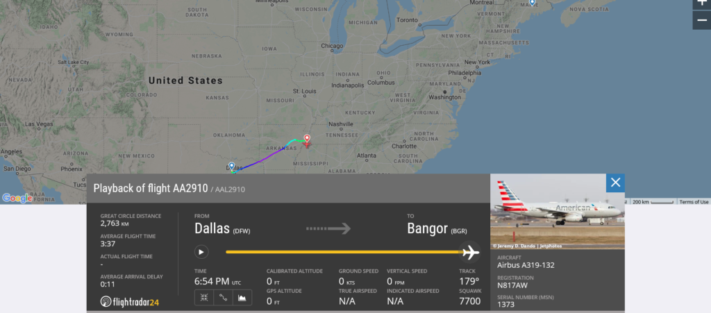 American Airlines flight AA2910 from Dallas to Bangor declared an emergency and diverted to Memphis due to possible mechanical issue