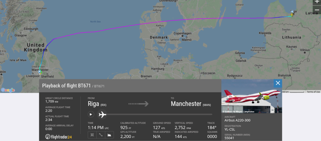 Air Baltic flight BT671 from Riga to Manchester suffered bird strike