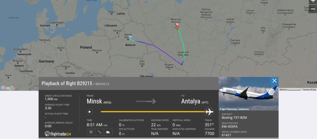 Belavia flight B29215 declared an emergency and diverted to Moscow due to engine issue