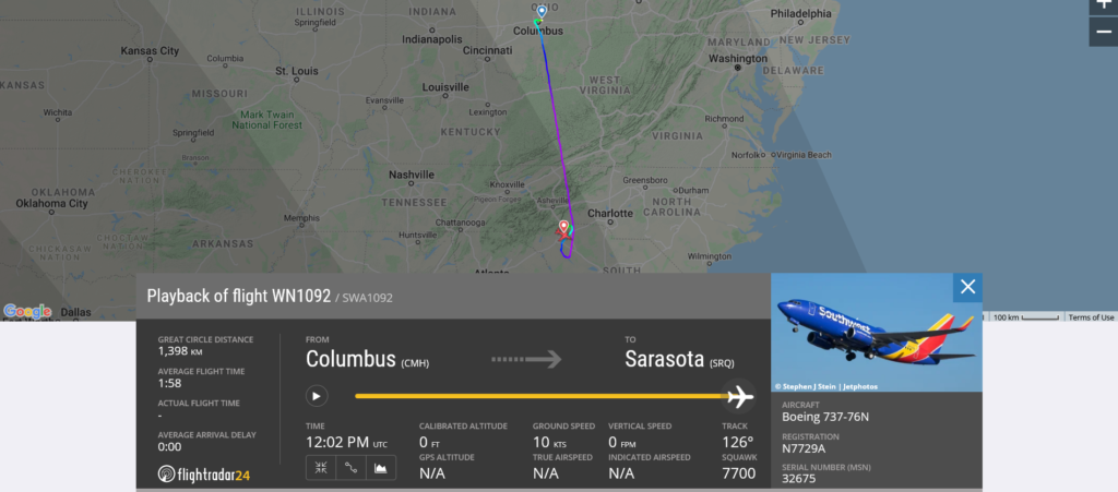 Southwest Airlines flight WN1092 declared an emergency and diverted to Greenville-Spartanburg due to engine issue