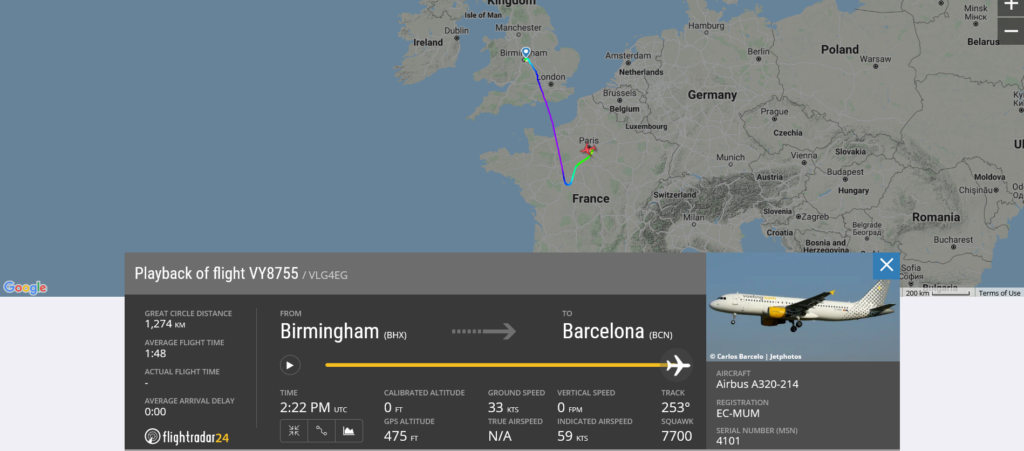 Vueling flight VY8755 declared an emergency and diverted to Paris due to technical issue