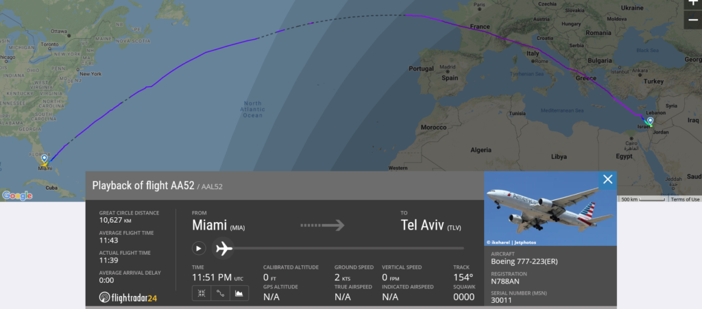 American Airlines flight AA52 from Miami to Tel Aviv suffered flat tyre