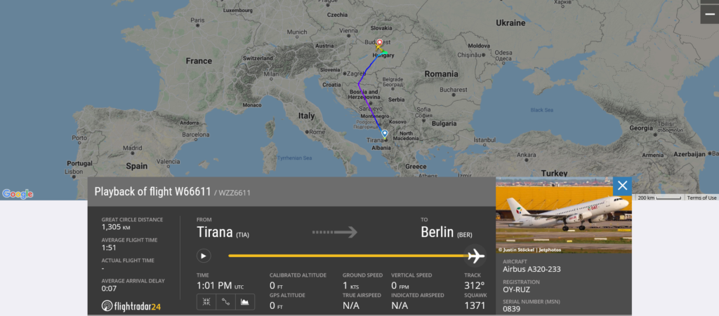Wizz Air flight W66611 from diverted to Budapest after engine shut down