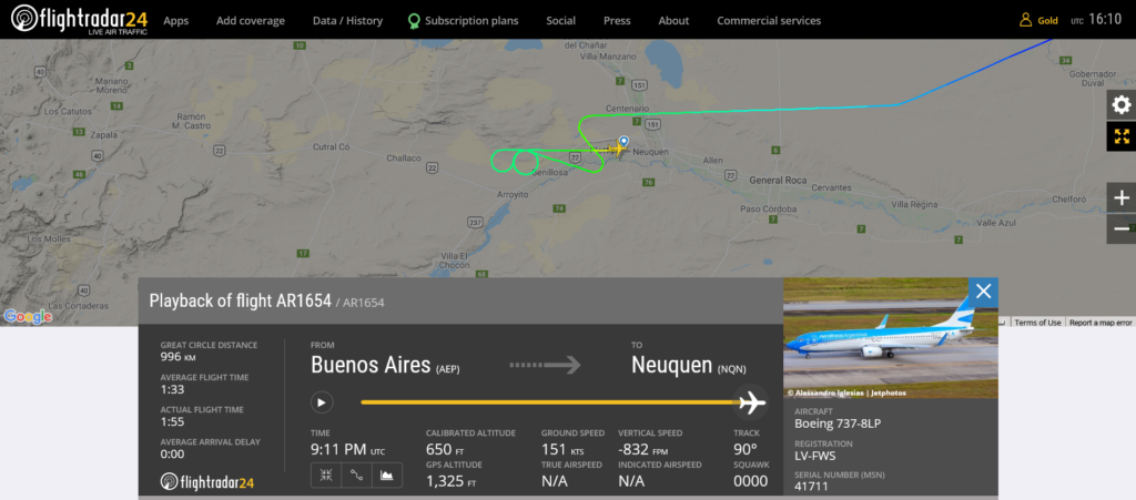 Aerolineas Argentinas flight AR1654 from Buenos Aires to Neuquen suffered flaps issue