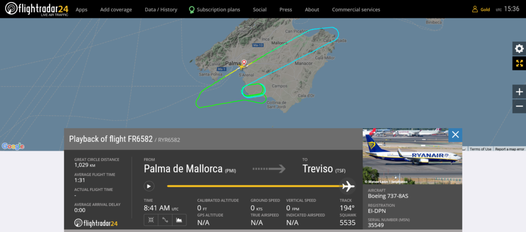 Ryanair flight FR6582 returned to Palma de Mallorca due to engine issue