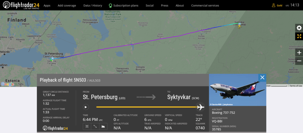 Smartavia flight 5N503 from St. Petersburg to Syktyvkar suffered animal strike on landing
