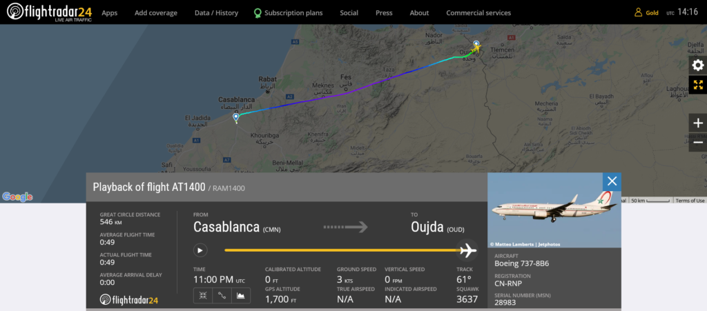 Royal Air Maroc flight AT1400 from Casablanca to Oujda suffered brakes issue on landing