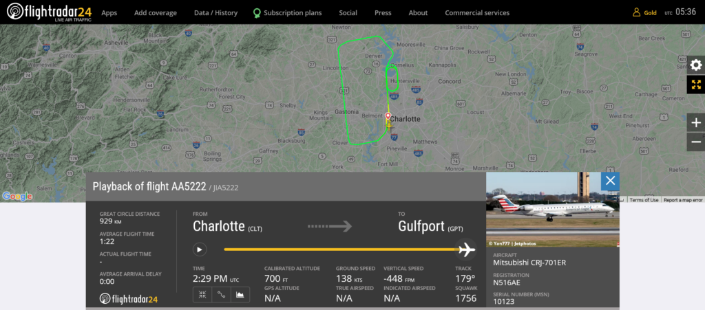 American Airlines flight AA5222 returned to Charlotte due to fuel leak
