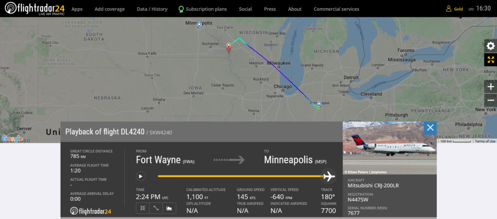 Delta Air Lines flight DL4240 declared an emergency and diverted to La Crosse due to possible pressurisation issue
