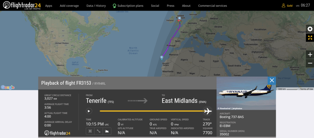 Ryanair flight FR3153 from Tenerife to East Midlands declared an emergency due to medical emergency