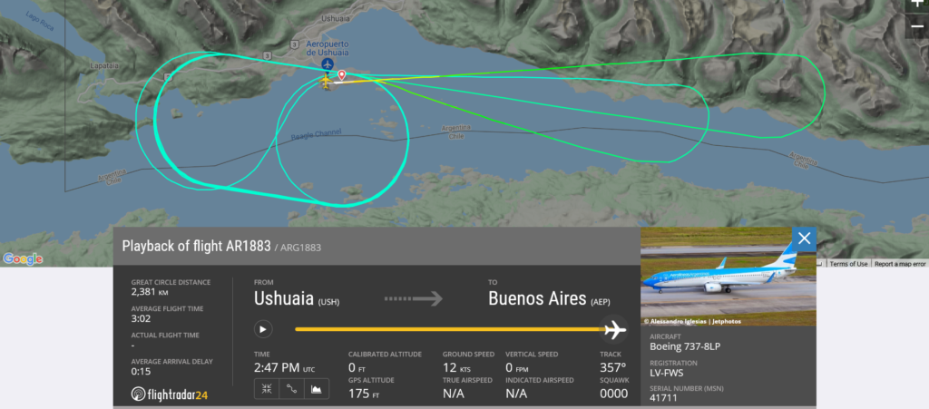 Aerolíneas Argentinas flight AR1883 returned to Ushuaia due to flaps issue