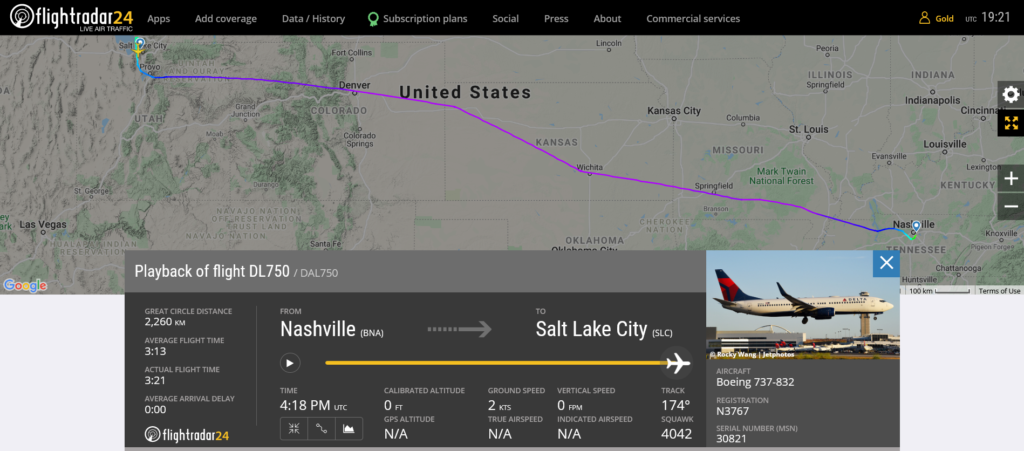 Delta Air Lines flight DL750 from Nashville to Salt Lake City suffered hard landing