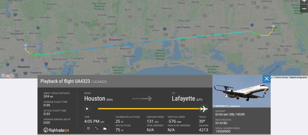 United Airlines flight UA4323 from Houston to Lafayette suffered bird strike