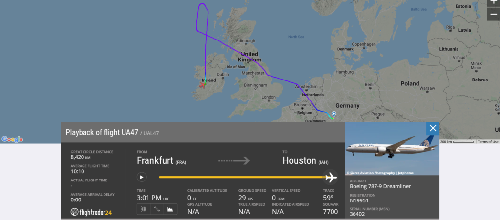 United Airlines flight UA47 declared an emergency and diverted to Shannon due to medical emergency