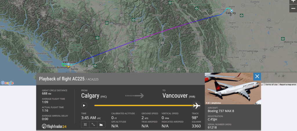Air Canada flight AC225 from Calgary to Vancouver experienced odor in cockpit