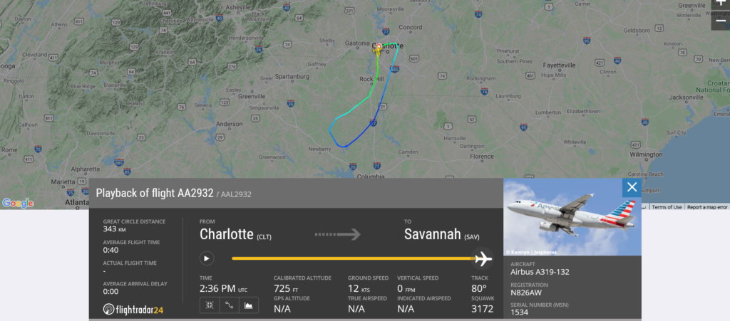 American Airlines flight AA2932 returned to Charlotte due to weather radar issue
