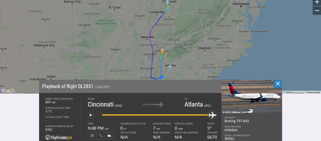 Delta Air Lines flight DL2851 diverted to Chattanooga due to mechanical issue