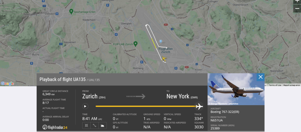 United Airlines flight UA135 from Zurich to New York rejected takeoff