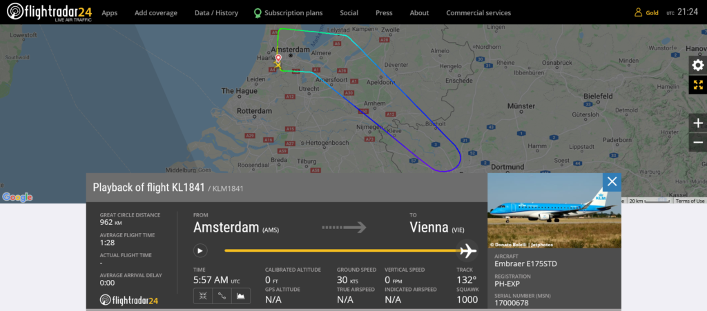 KLM flight KL1841 returned to Amsterdam due to weather radar issue