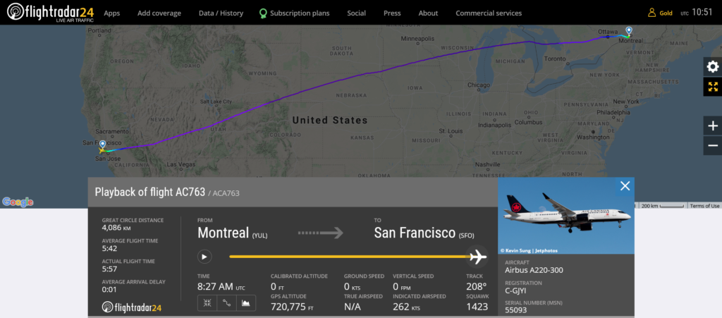 Air Canada flight AC763 from Montreal to San Francisco suffered engine issue