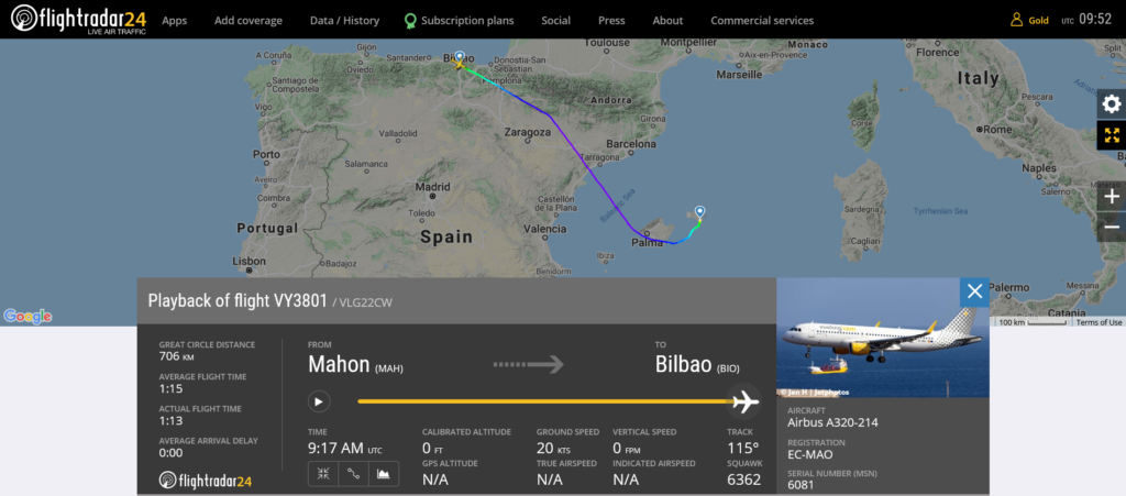 Vueling flight VY3801 from Mahon to Bilbao suffered medical emergency