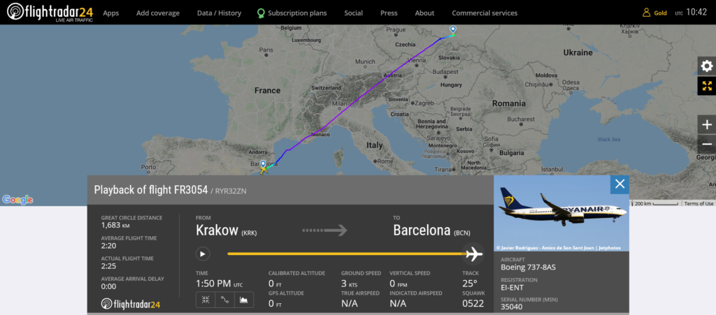 Ryanair flight FR3054 from Krakow to Barcelona suffered medical emergency