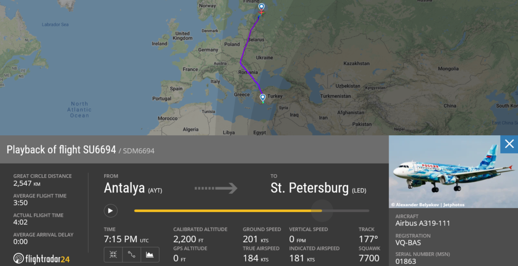 Aeroflot flight SU6694 from Antalya to St. Petersburg declared an emergency due to a bird strike