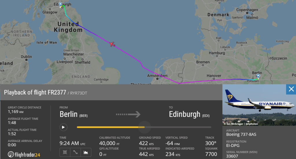 Ryanair flight FR2377 from Berlin to Edinburgh declared an emergency due to tyre debris found on the runway after its departure from Berlin