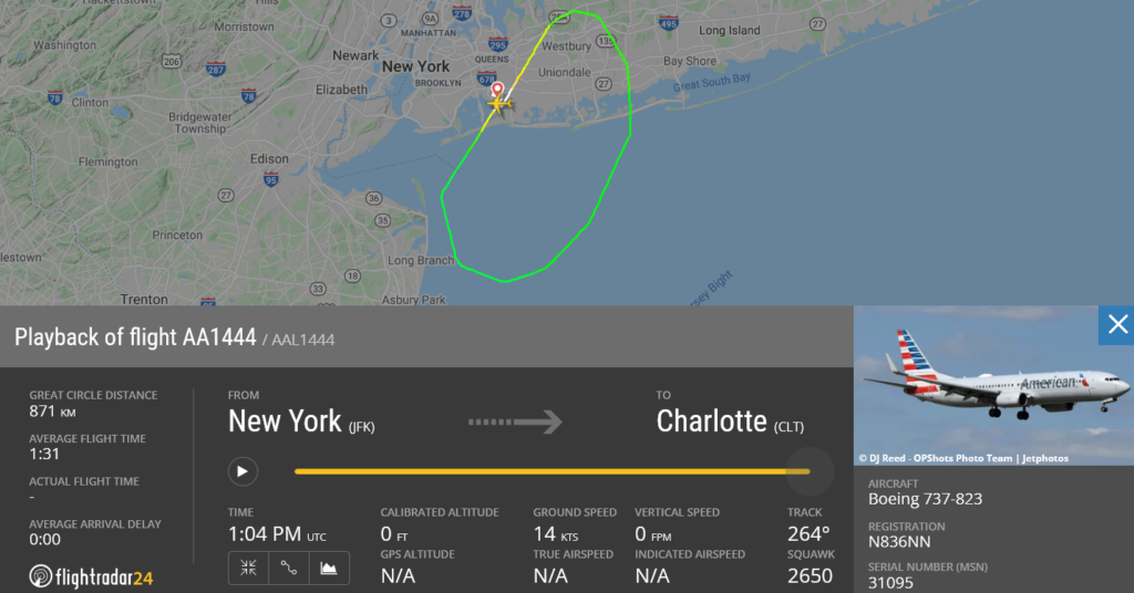 American Airlines flight AA1444 returned to New York due to hydraulic issue