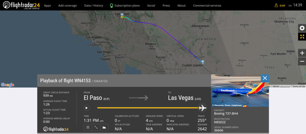 Southwest Airlines flight WN4153 from Las Vegas to Portland suffered bird strike