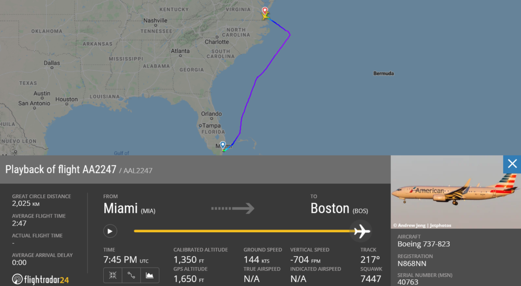 American Airlines flight AA2247 diverted to Norfolk due to smoke in cockpit
