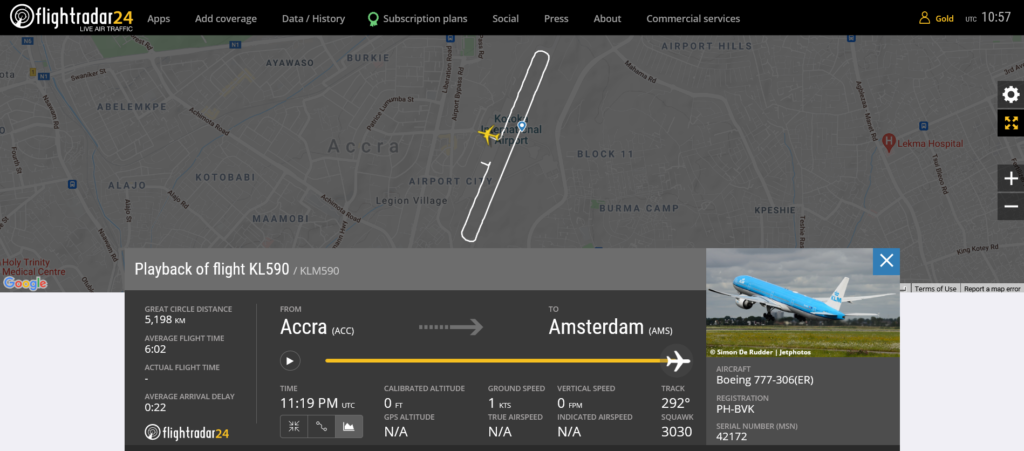 KLM flight KL590 from Accra to Amsterdam rejected takeoff due to bird strike
