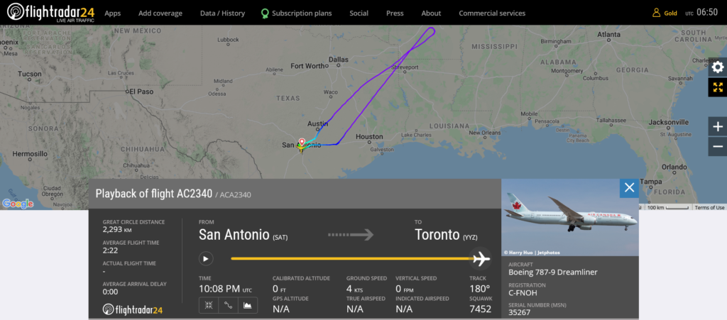 Air Canada flight AC2340 returned to San Antonio due to slat issue