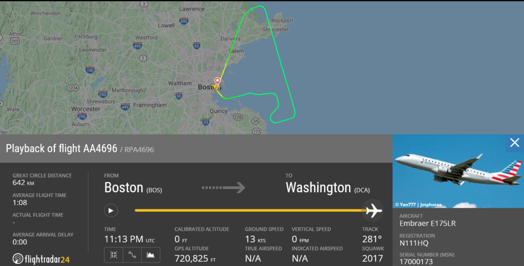 American Airlines flight AA4696 returned to Boston due to bird strike